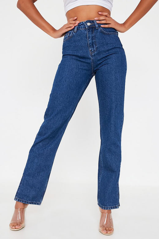 Dark Wash High Waist Side Split Hem Jeans | Denim | Jeans | I SAW IT FIRST