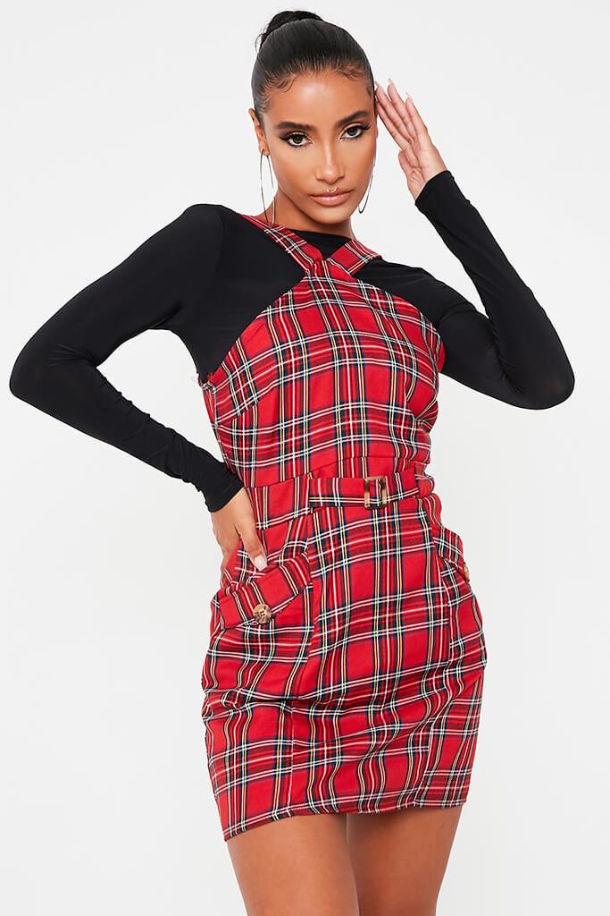 Red Woven Check Belted Halterneck Tie Waist Pinafore Dress