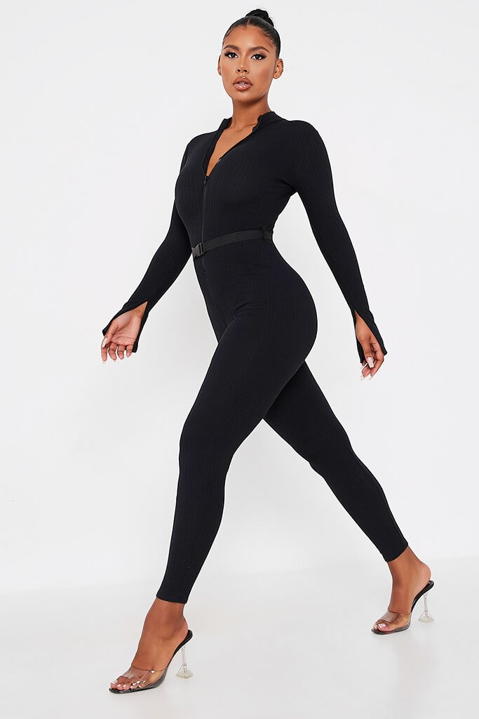 Black Ribbed Zip Front Split Sleeve Skinny Leg Jumpsuit | Jumpsuits | I ...