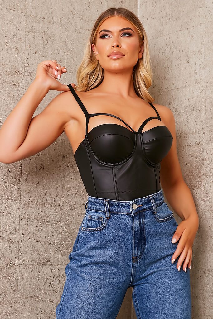 Black Faux Leather Harness Strap Bust Cup Bralet