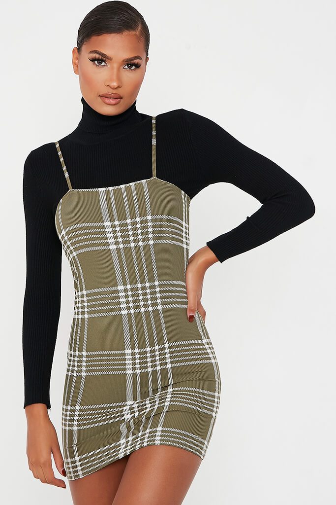 Khaki Woven Check Print Square Neck Bodycon Dress