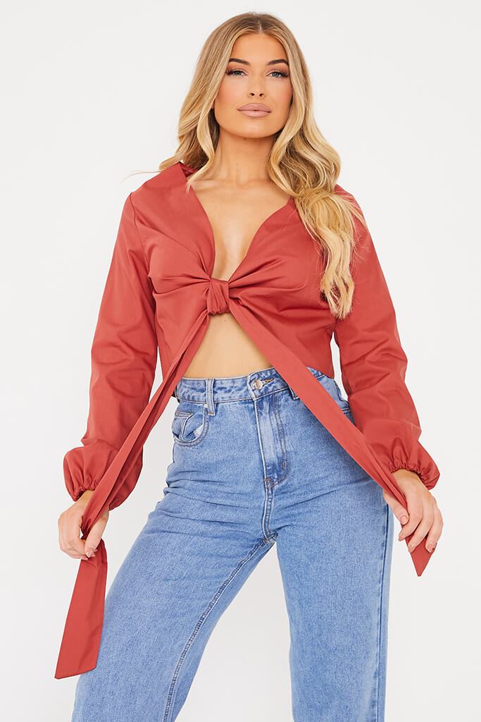 Rust Poplin Tie Front Balloon Sleeve Blouse