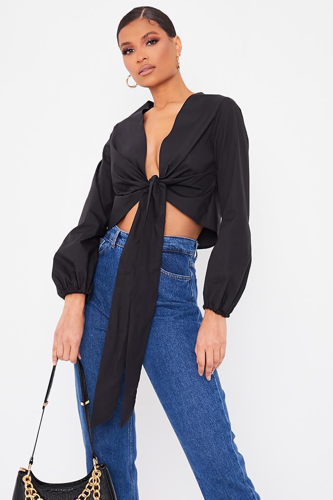 Black Poplin Tie Front Balloon Sleeve Blouse