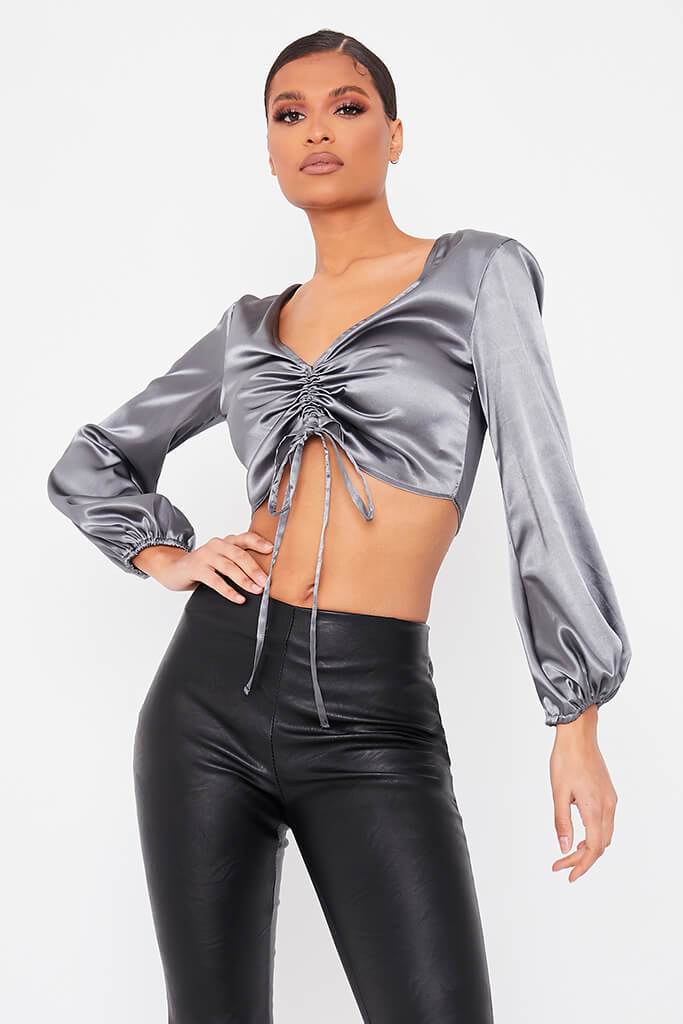 Charcoal Satin Ruched Front Balloon Sleeve Crop Blouse