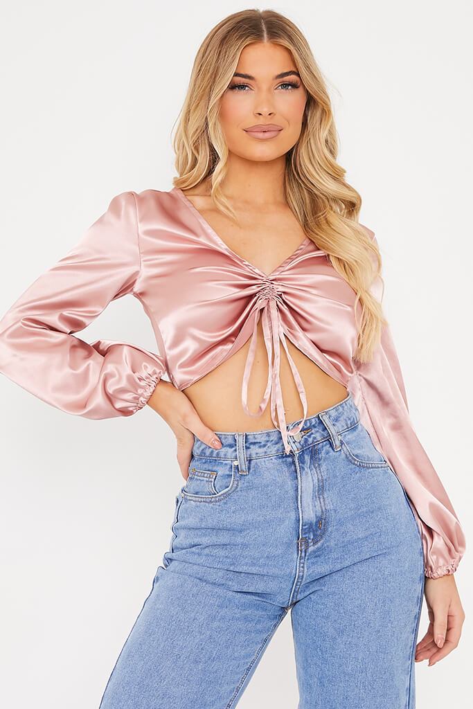 Rose Satin Ruched Front Balloon Sleeve Crop Blouse