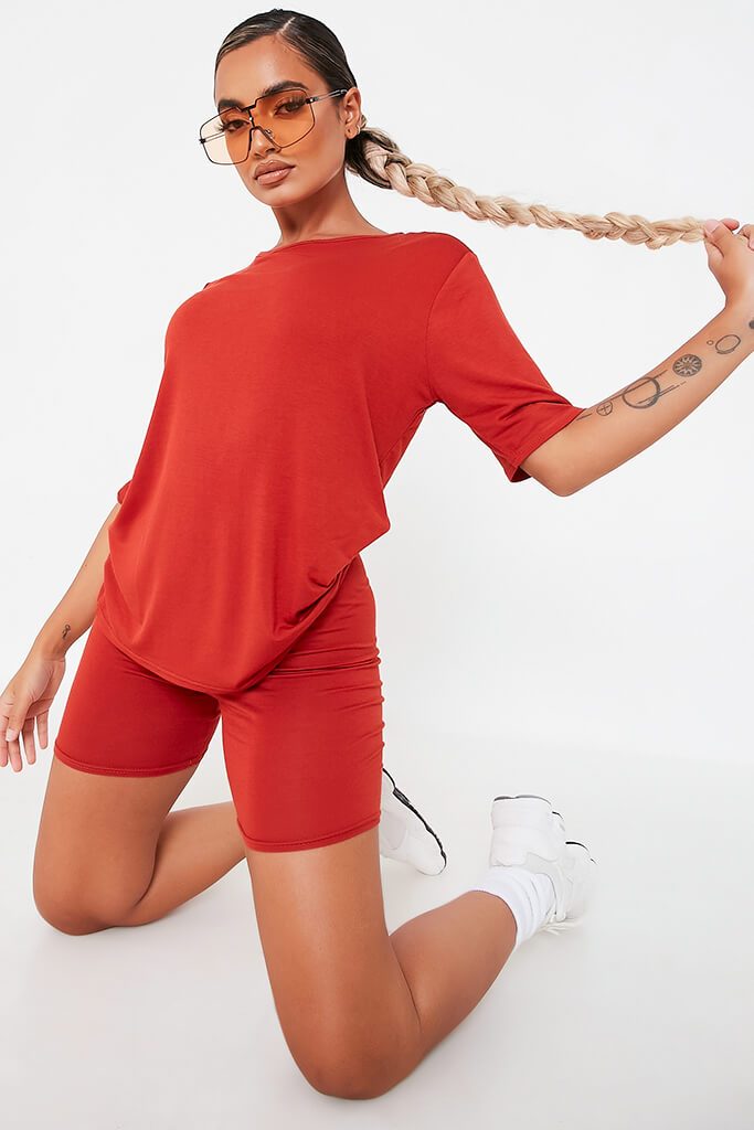 Red Oversized T-Shirt And Cycling Short Loungewear Set