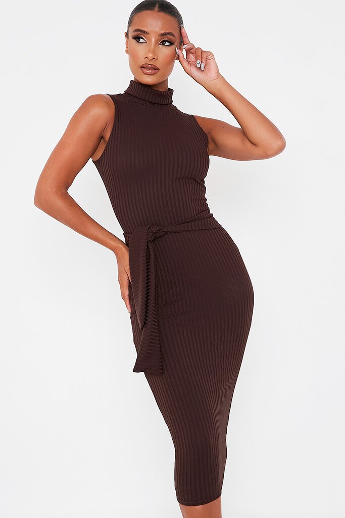 ribbed high neck midi dress