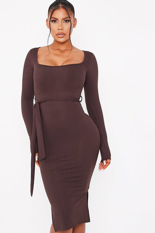 Chocolate Ribbed Tie Waist Split Side Midi Dress | Dresses | Midi dress ...