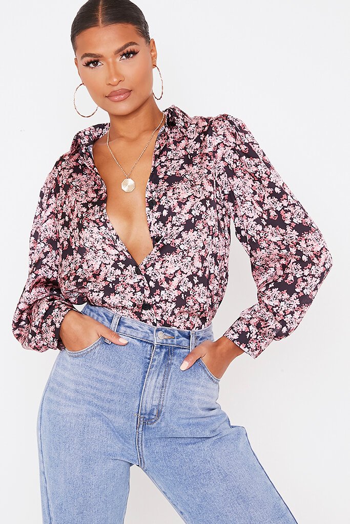 Black Floral Print Satin Long Sleeve Shirt