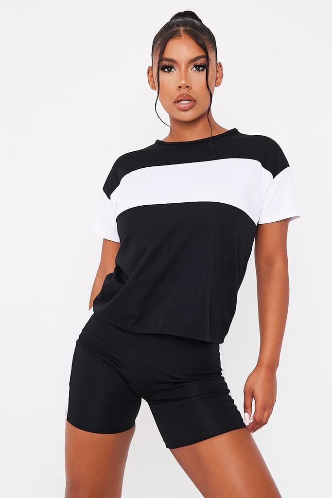 Black With White Stripe Oversized T Shirt And Cycling Short Set