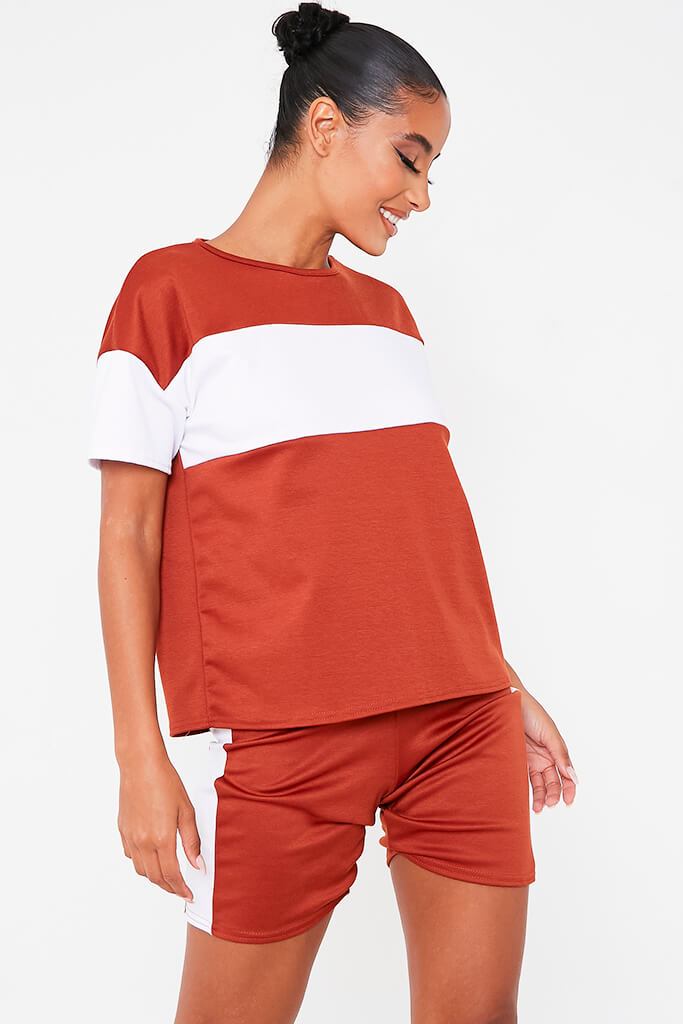 Rust With White Stripe Oversized T Shirt And Cycling Short Set