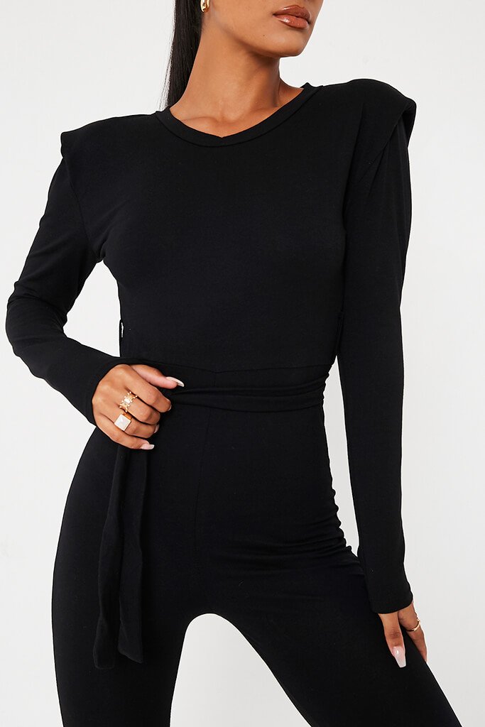 Download Black Jersey Long Sleeve Shoulder Padded Jumpsuit | Skinny ...