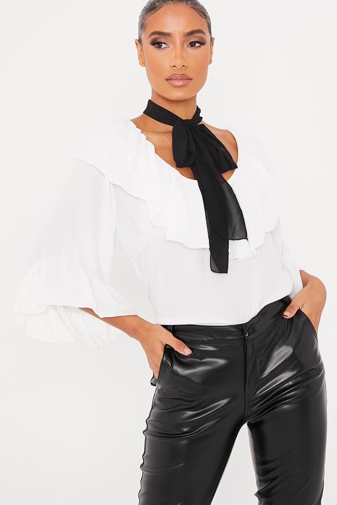 White Ruffle Bow Neck Shirt