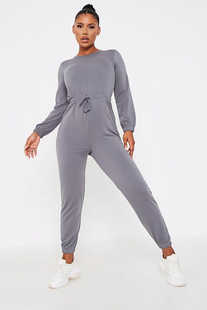 Charcoal Crew Neck Long Sleeve Sweat Jumpsuit | Skinny leg jumpsuit | I ...