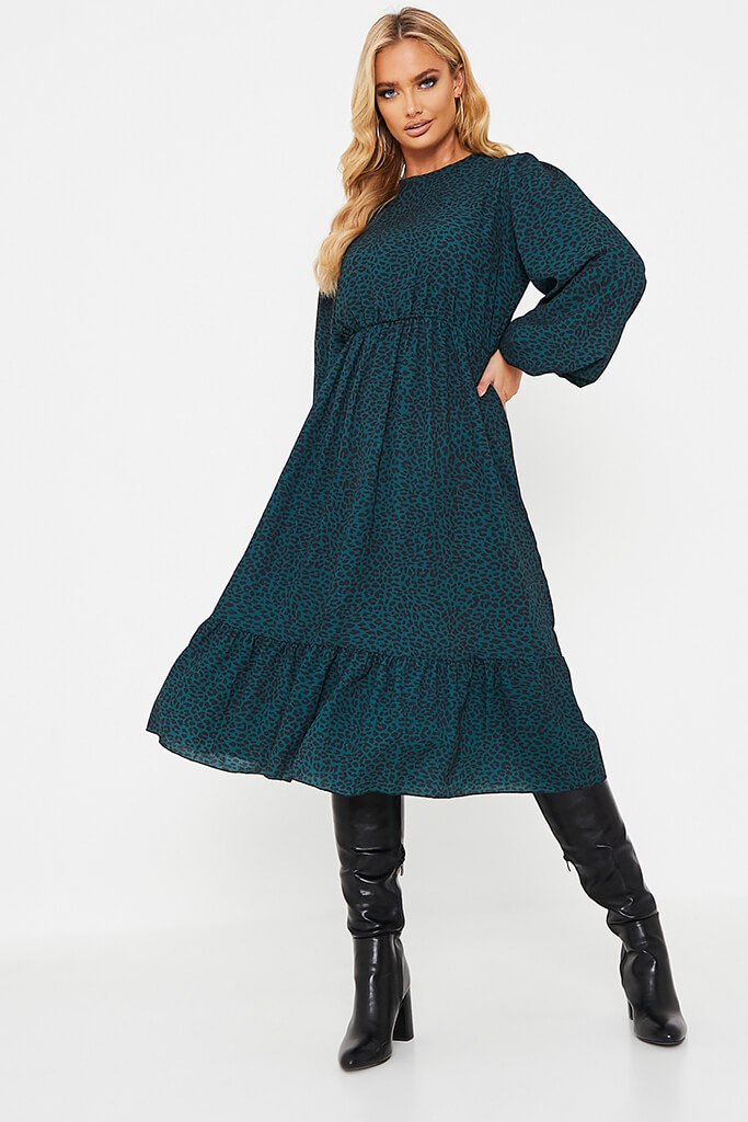 Emerald Green Woven Leopard Print Long Puff Sleeve Midi Dress