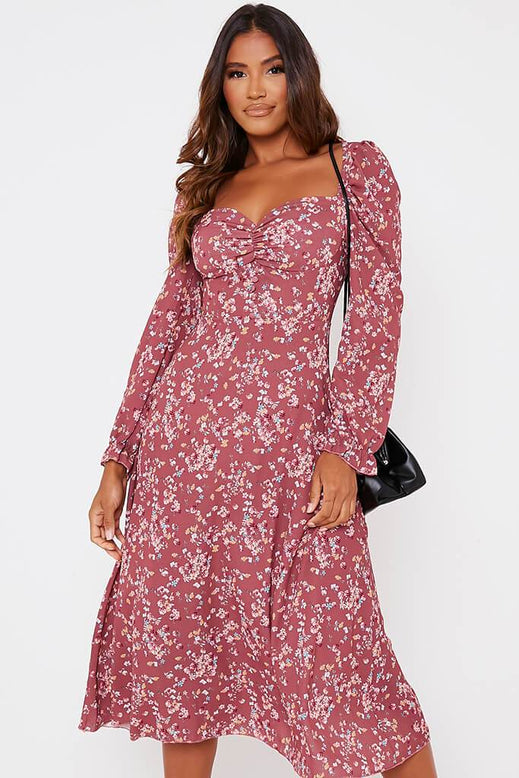 Dusky Pink Floral Long Puff Sleeve Midi Smock Dress | Dresses | Midi ...