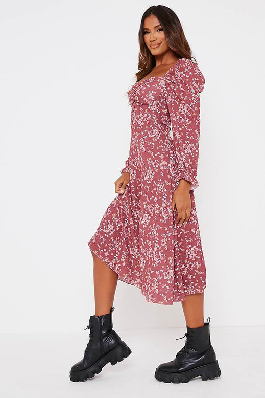 Dusky Pink Floral Long Puff Sleeve Midi Smock Dress | Dresses | Midi ...