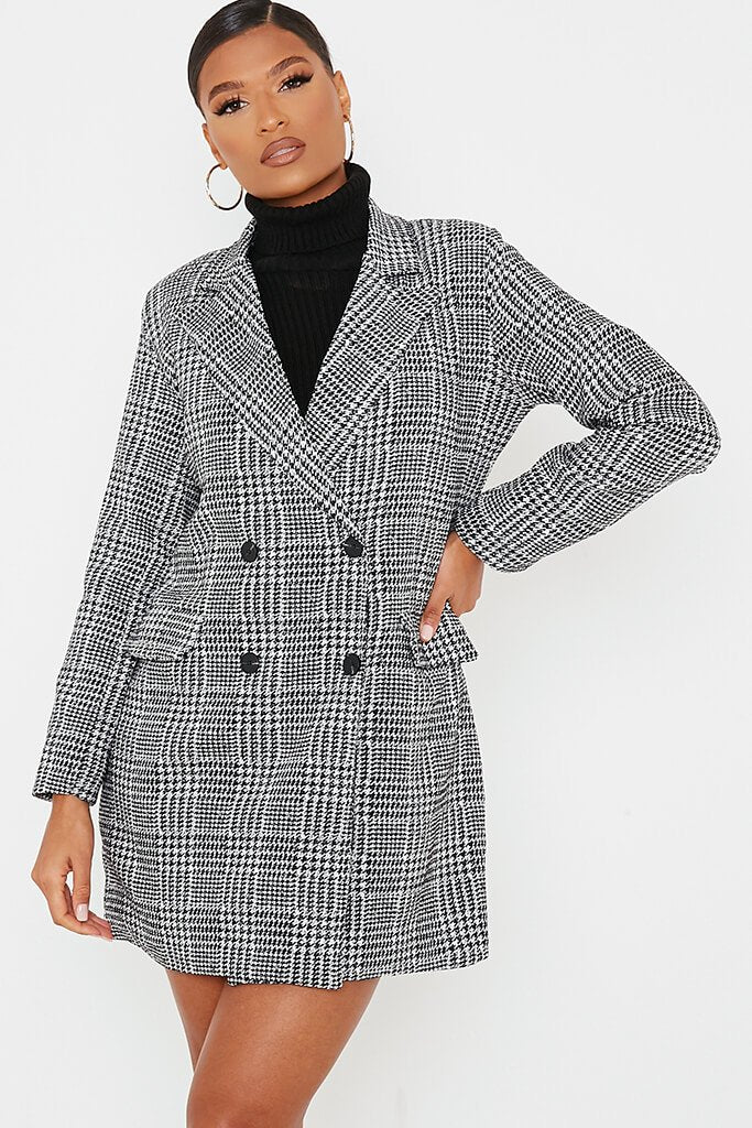 Black Bengaline Check Print Shoulder Pad Blazer Dress