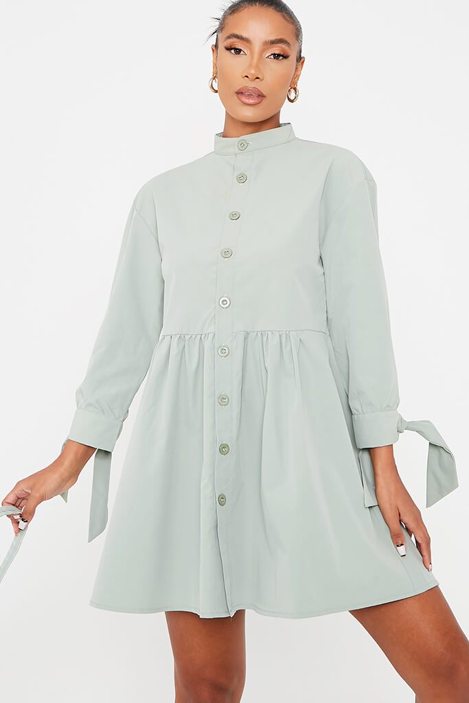 Sage Woven Button Front Tie Detail Smock Shirt Dress