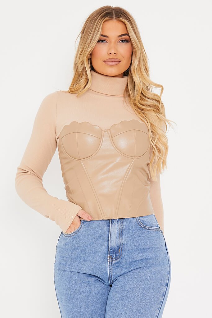 Taupe Faux Leather Scallop Cup Corset Strapless Bralet