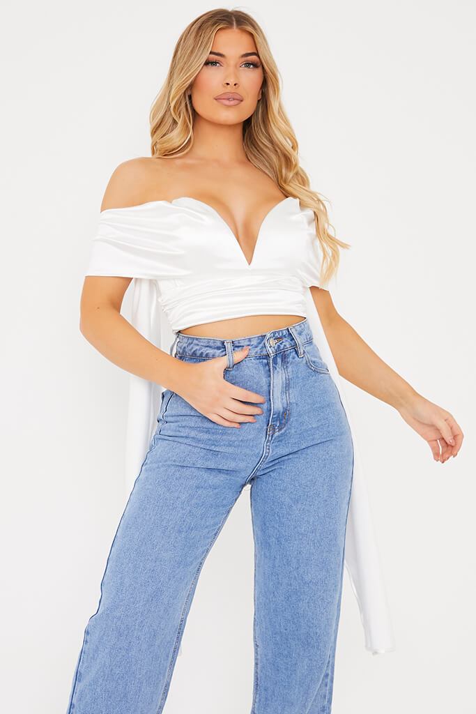 White Satin V Bar Bardot Crop Blouse