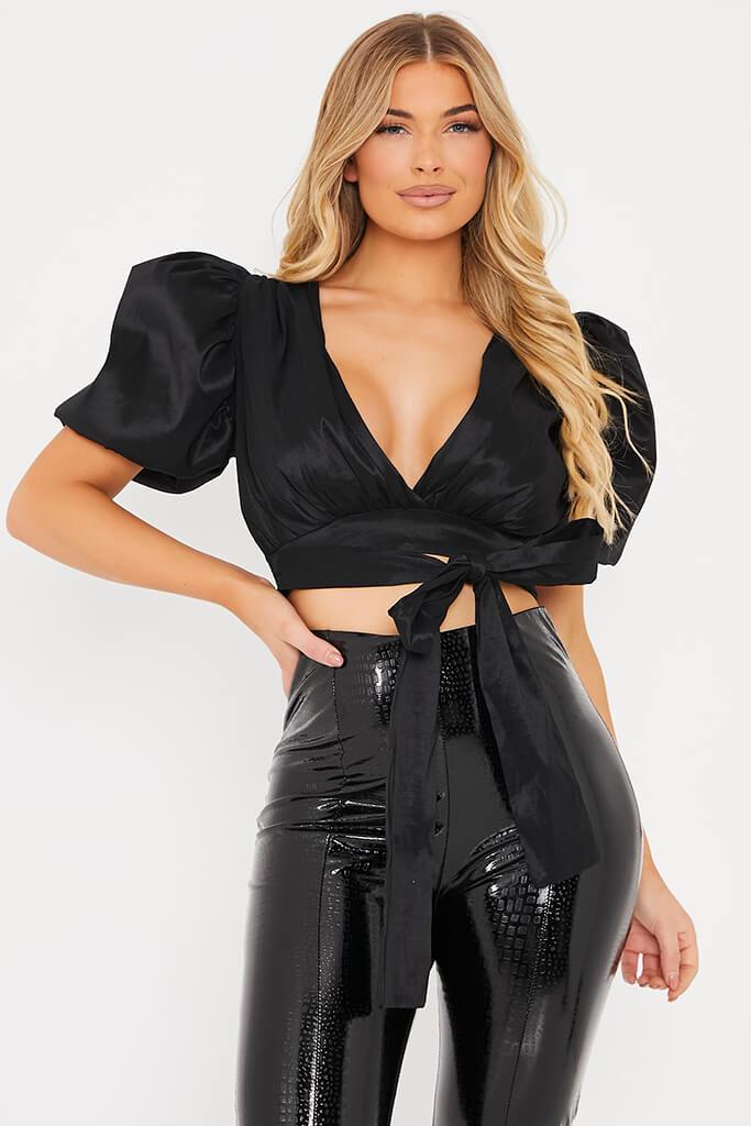 Black Taffeta Extreme Puff Sleeve Tie Front Blouse