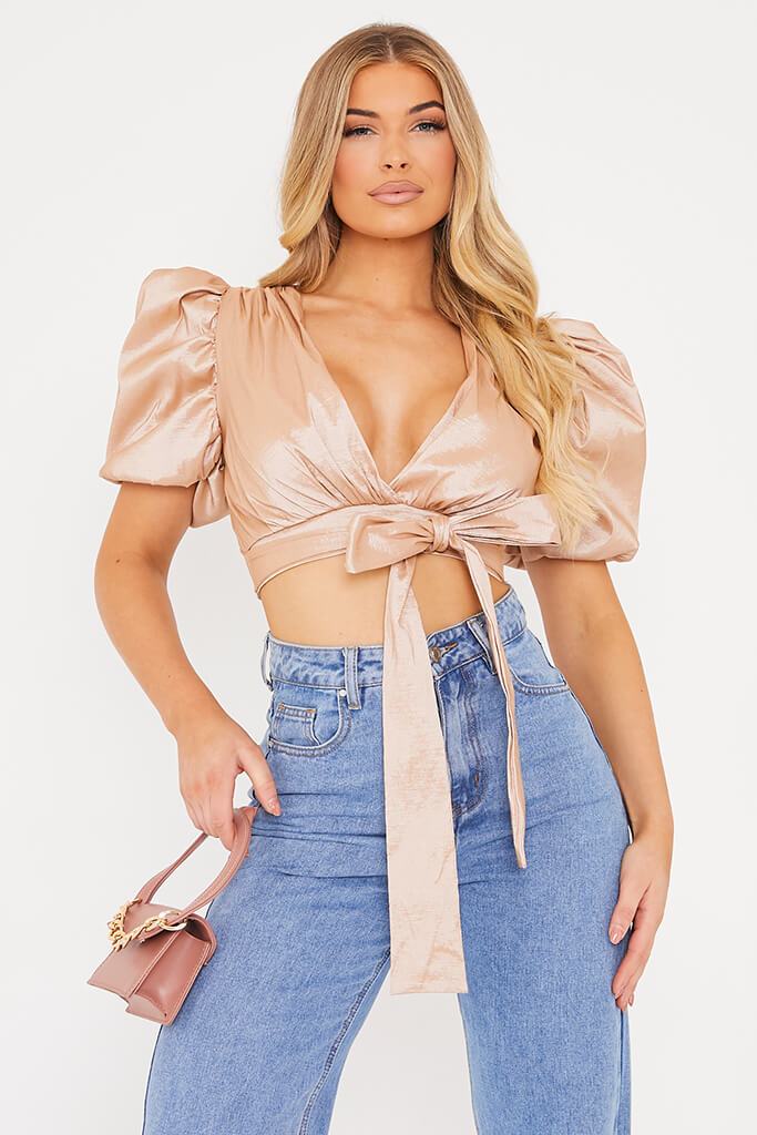 Champagne Taffeta Extreme Puff Sleeve Tie Front Blouse