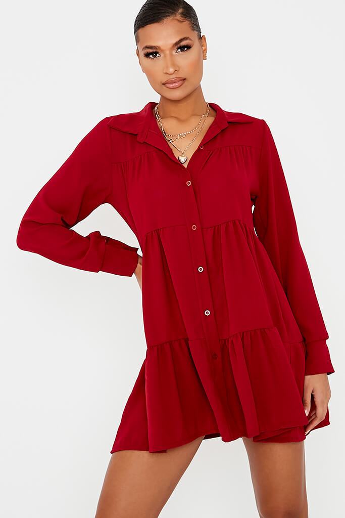 Burgundy Long Sleeve Smock Shirt Dress