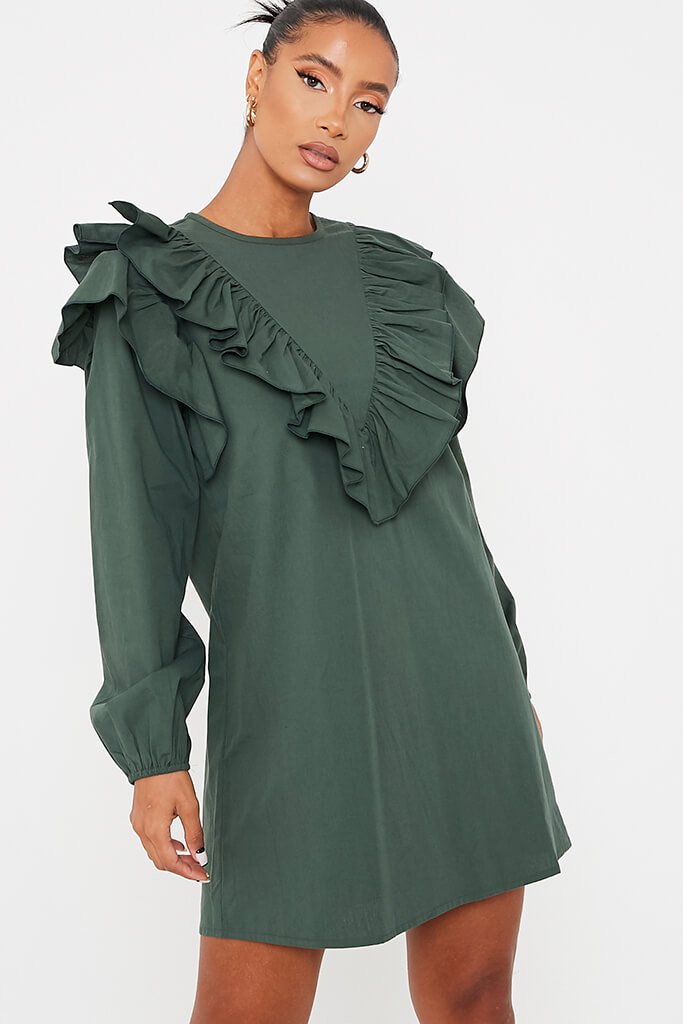 Emerald Green Cotton Poplin Ruffle Detail Shift Dress