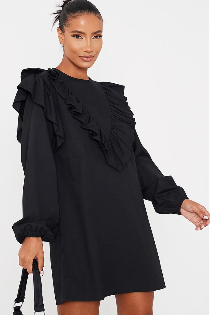 Black Cotton Poplin Ruffle Detail Shift Dress