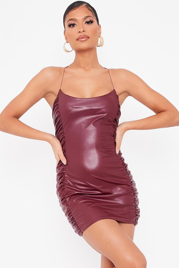 Burgundy Faux Leather Ruched Side Bodycon Dress