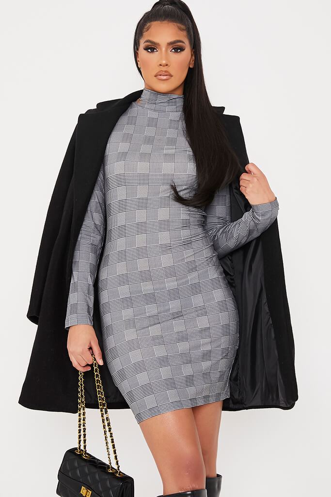 White Check Print Long Sleeve Half Neck Dress