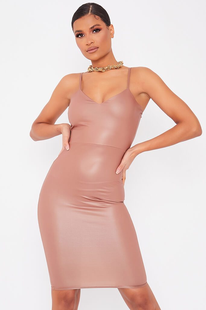 Camel Faux Leather Cami Midi Dress