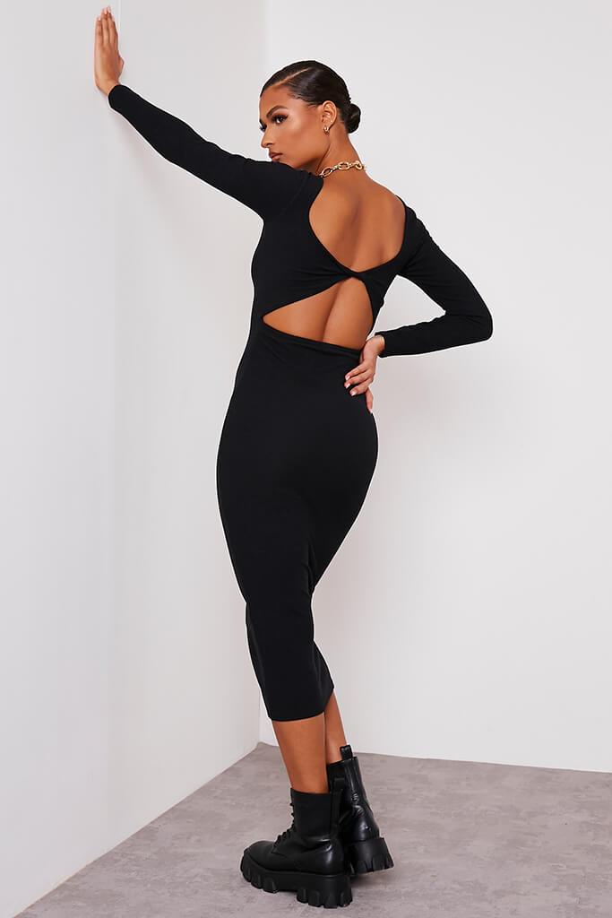 Black Rib Twist Open Back Midi Dress