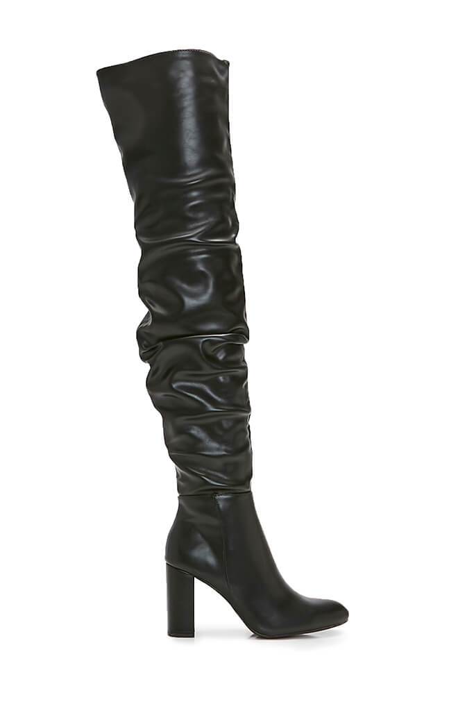 Black Faux Leather Chunky Heeled Over The Knee Boots