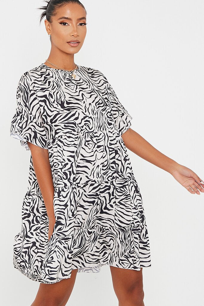 Black Satin Zebra Print Tiered Smock Dress