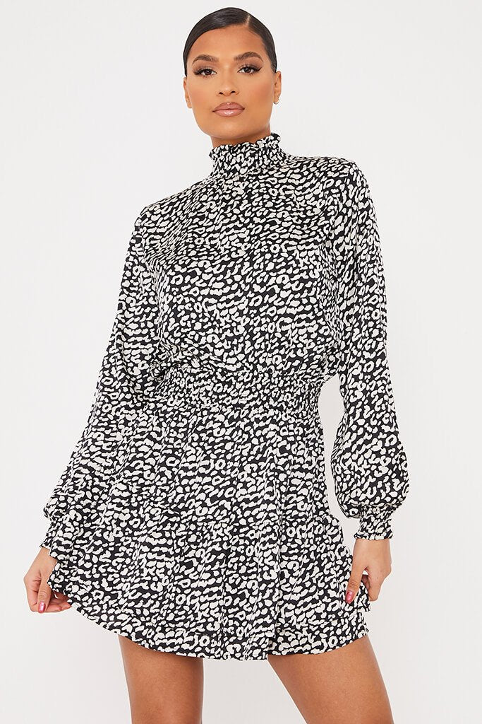 Black Chiffon Leopard Print Long Sleeve Skater Dress