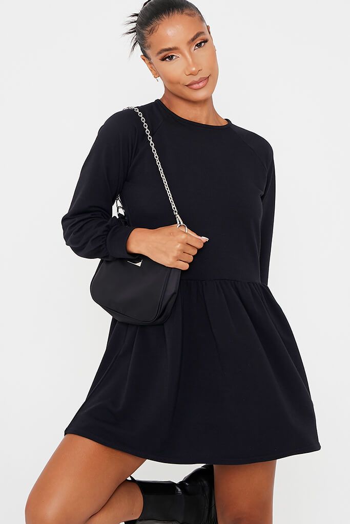 Black Sweat Long Sleeve Smock Dress