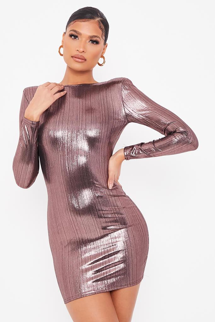 Rose Foil Long Sleeve Shoulder Pad Backless Bodycon Dress