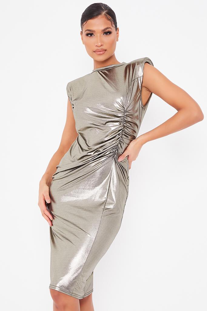 Black Foil Shoulder Pad Ruched Side Midi Dress