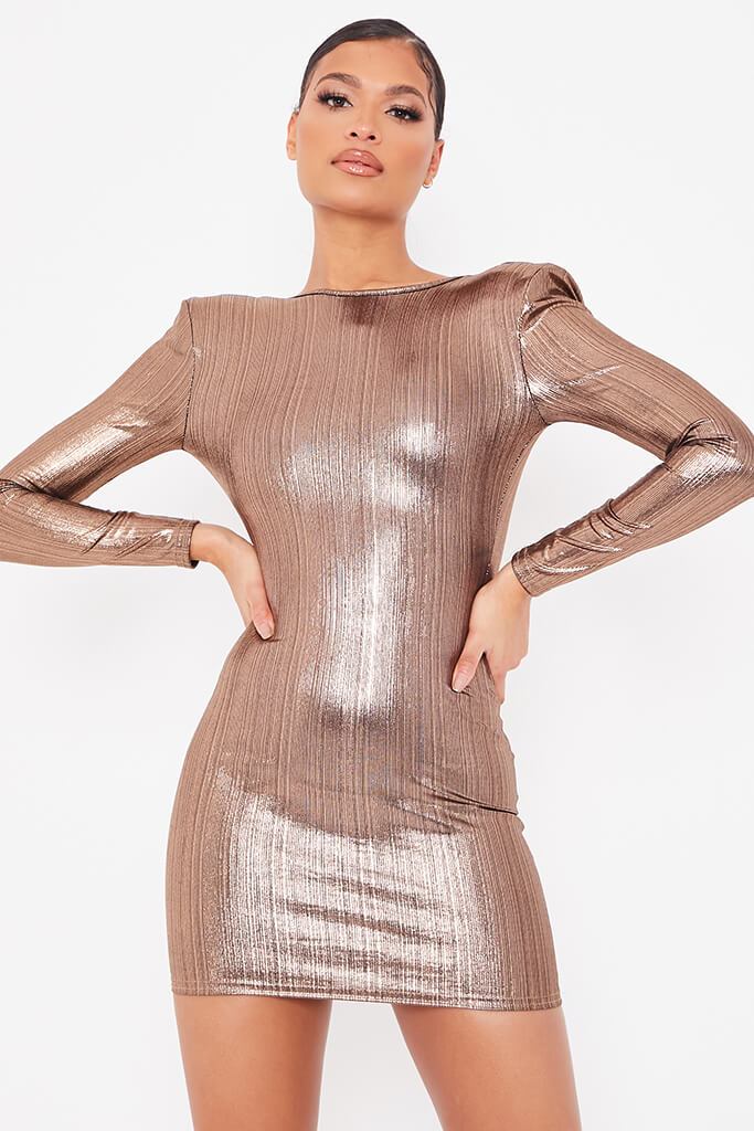 Gold Foil Long Sleeve Shoulder Pad Backless Bodycon Dress