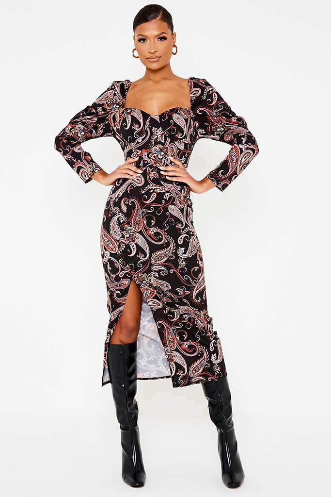 Black Woven Paisley Print Puff Sleeve Midi Dress