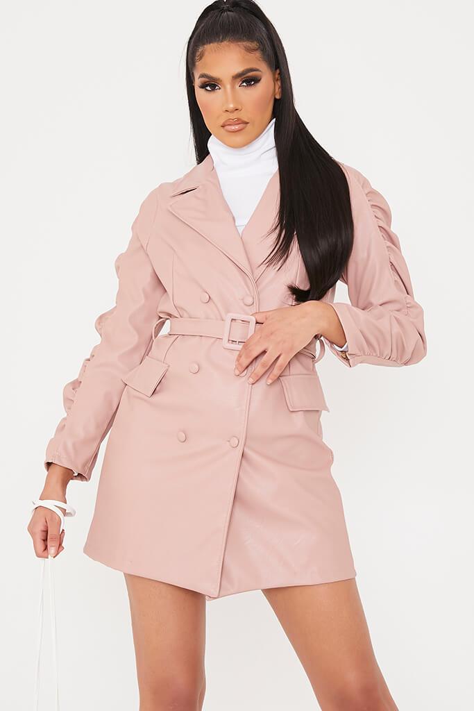 Dusky Pink Ruched Sleeve Faux Leather Blazer Dress