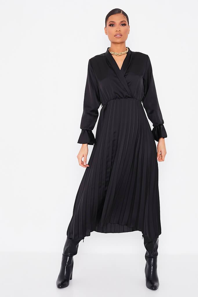 Black Satin Frill Sleeve Pleated Wrap Midi Dress