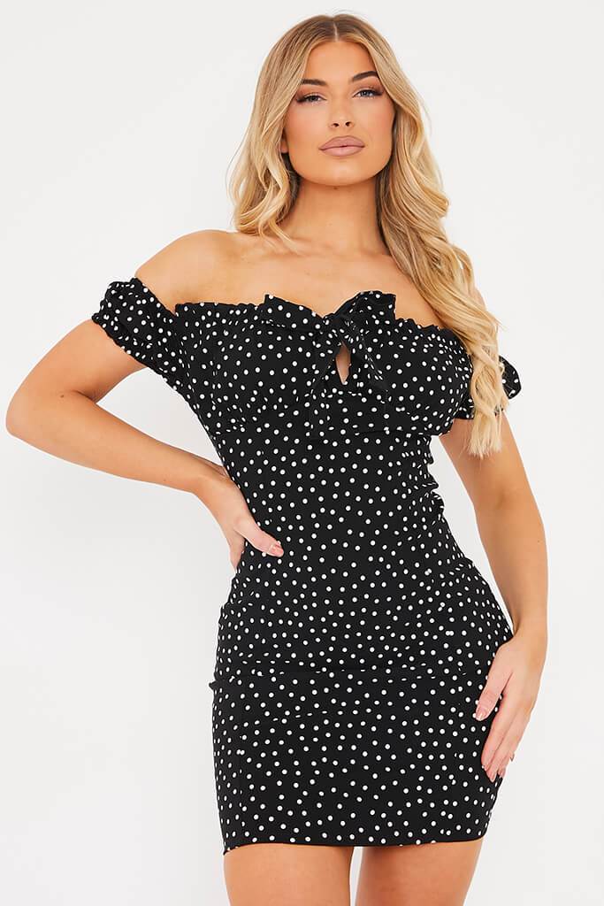 Black Bengaline Polka Dot Bardot Bodycon Dress