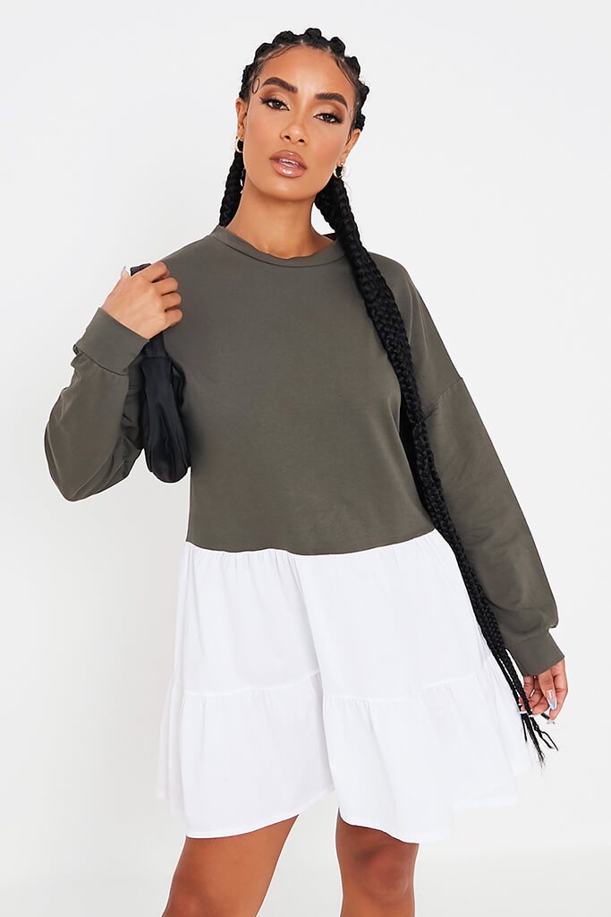 Khaki Tiered Contrast Sweater Dress