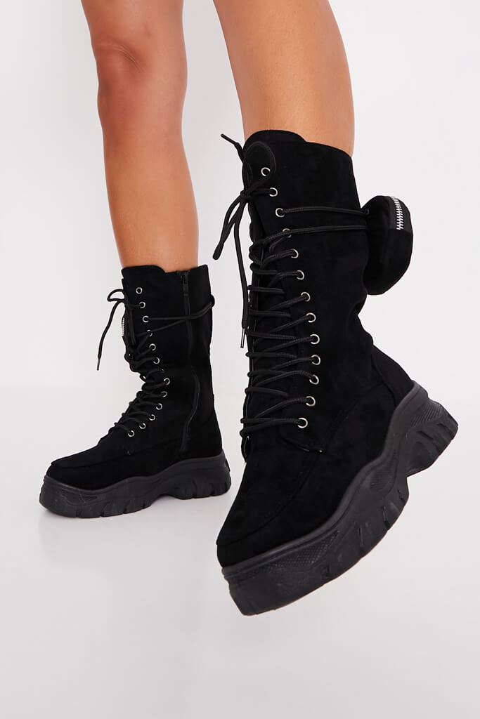 Black Faux Suede Ankle Belt Boots