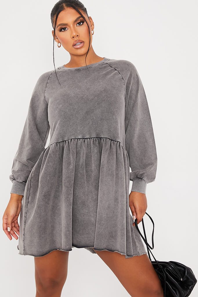 Grey Acid Wash Smock Dress