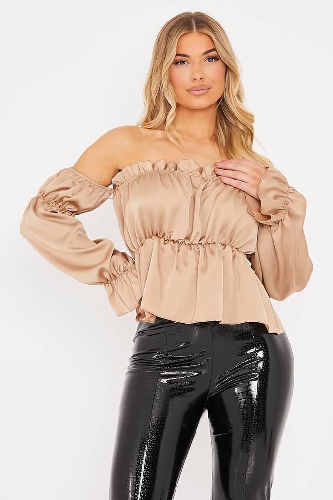 Champagne Satin Bardot Frill Top