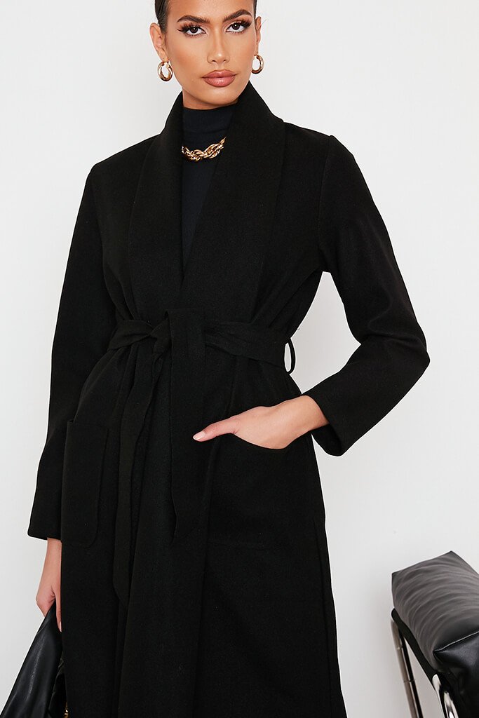 Black Midi Belted Wool Coat With Tie Waist | Formal coat | I SAW IT FIRST